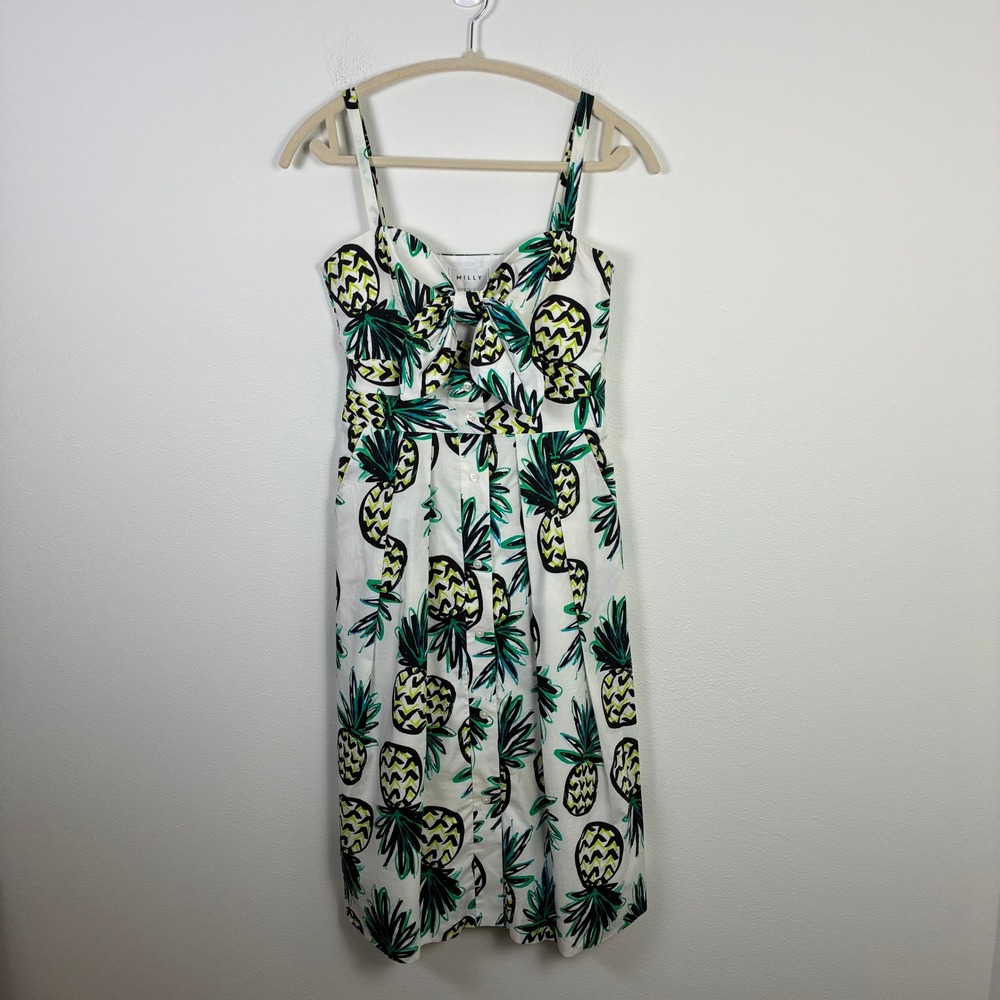 Milly Jordan Pineapple Print Tie-Front Button-Down Midi Dress Sundress Colorful
